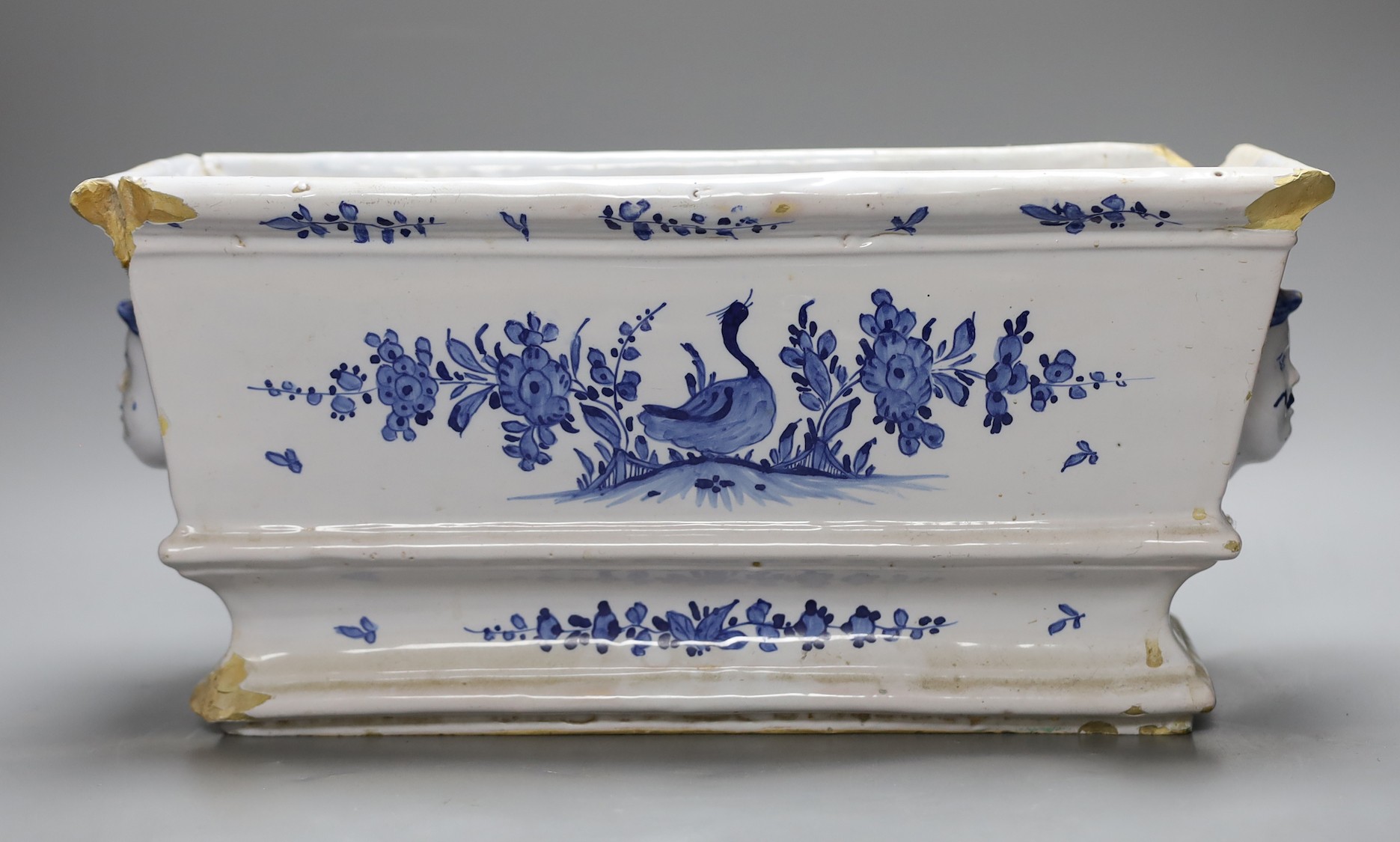 An 18th century Delftware rectangular planter, 19 cms high x 41 wide